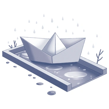 A paper boat crafted by a child's hands is floating in a rain-filled gutter. The boat is made of folded paper, showing creases and edges where it has been carefully shaped. The gutter is filled with water, reflecting the droplets falling from the sky. Surrounding the gutter, there are small puddles formed from the rain, and debris such as leaves and twigs can be seen scattered nearby. The overall composition captures the serene moment of the paper boat gliding smoothly along the water's surface.