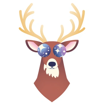 A deer's head is depicted facing forward, its antlers elegantly branching out in a symmetrical fashion. The eyes of the deer are wide and filled with swirling stars and galaxies, showcasing vibrant hues of purple, blue, and white. The fur of the deer is a rich brown with subtle highlights. Below the deer, there is a soft gradient background that enhances the otherworldly feel of the image. The overall composition focuses on the contrast between the natural features of the deer and the cosmic imagery within its gaze.