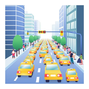 A congested street is filled with yellow taxis lined up in various directions during rush hour. The taxis have their headlights on, creating a vibrant scene. Skyscrapers tower on either side of the street, with large glass windows reflecting the city lights. People are walking on the sidewalks, some hurrying along, while others are waiting at bus stops. In the background, traffic lights switch from red to green, adding to the bustling atmosphere. A few trees are planted along the side of the road, contrasting with the urban environment.