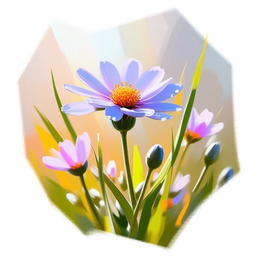 A close-up view of a cornflower in a meadow, its vibrant blue petals delicately adorned with glistening morning dew drops. The dew beads catch the light, creating a sparkling effect on the petals. Surrounding the cornflower, tall green grasses and other wildflowers add natural texture to the scene. Soft sunlight filters through the foliage, illuminating the petals and enhancing their colors. The background features a blurred view of more flowers and greenery, creating a sense of depth in the meadow.