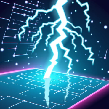 A vibrant electric surge arcing through a sleek digital landscape. The surge is depicted as brilliant blue and white lightning bolts, crackling with energy and illuminating the surrounding area. The background features intricate circuit patterns and glowing nodes, creating a sense of depth and movement. Swirling particles of light surround the surge, enhancing the dynamic feel of the image. The overall composition conveys a powerful and energetic moment, frozen in time.