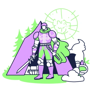 Boromir is emerging from a tent at dawn, the early light illuminating his figure. He wears a suit of armor adorned with intricate designs, and a green cloak drapes over his shoulders, flowing gently in the morning breeze. In his left hand, he holds a sturdy sword, its hilt gleaming with fresh dew. The tent behind him is slightly ajar, revealing the interior lined with travel gear and supplies. Surrounding him, a mist hovers over the ground, while the first rays of sunlight begin to break through the trees in the background, casting long shadows.