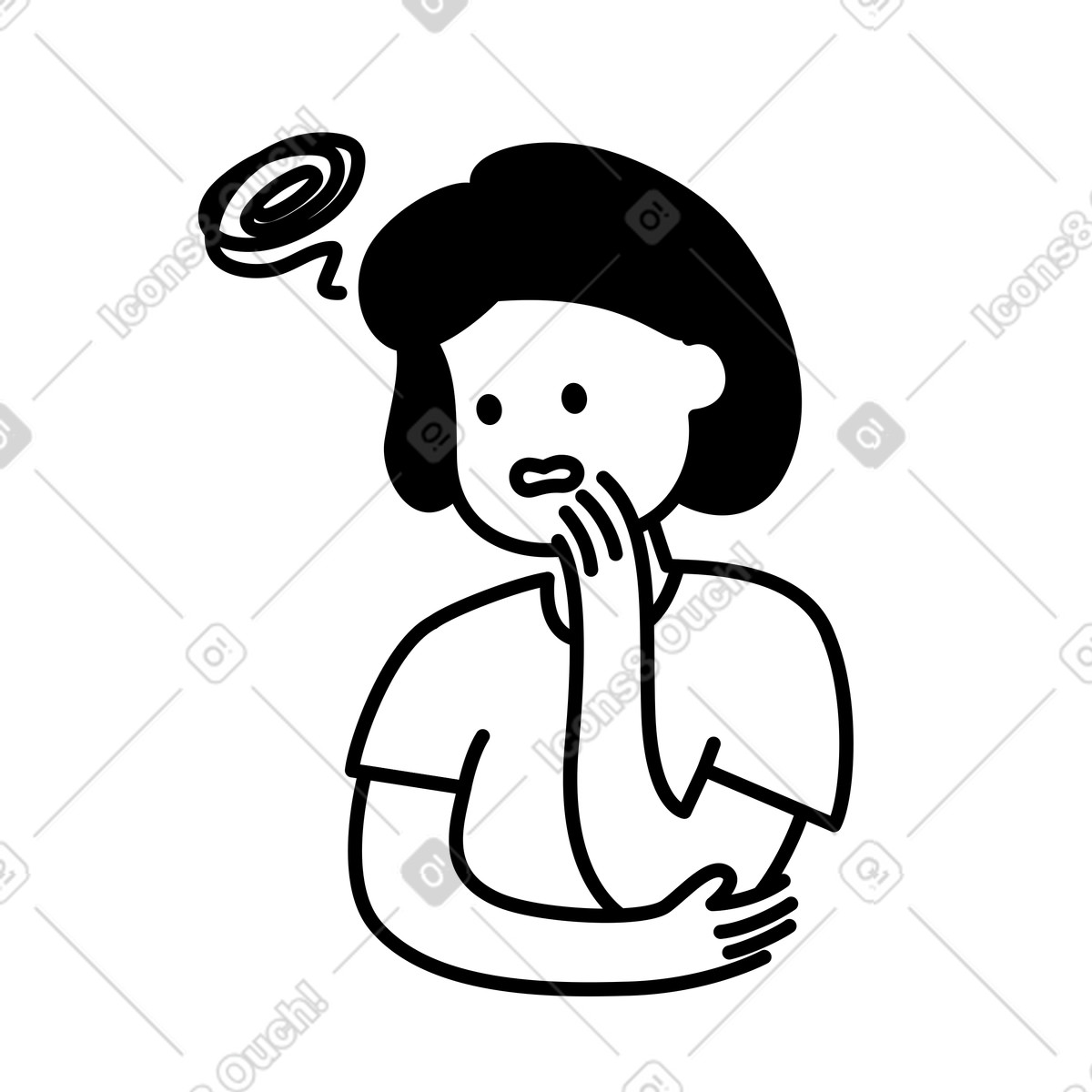Illustration Anxiety character holding chin with spiral thought symbol above head dans le style Notion Line Art à télécharger aux formats PNG, SVG