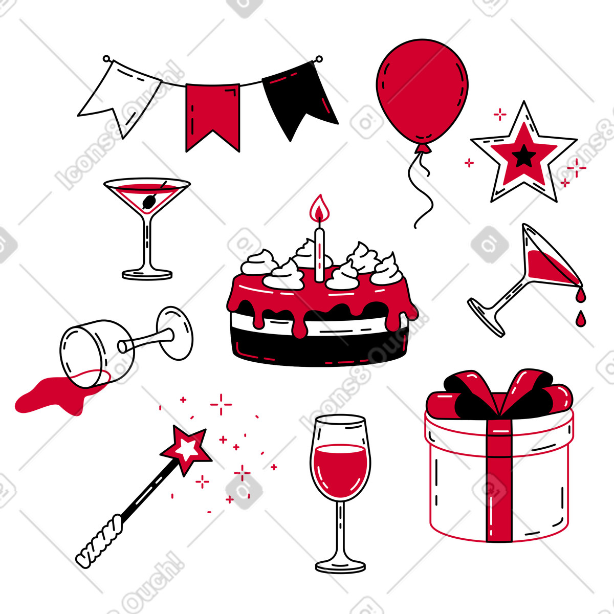 Illustration Articles de fête, fête d'anniversaire dans le style Ruby à télécharger aux formats PNG, SVG