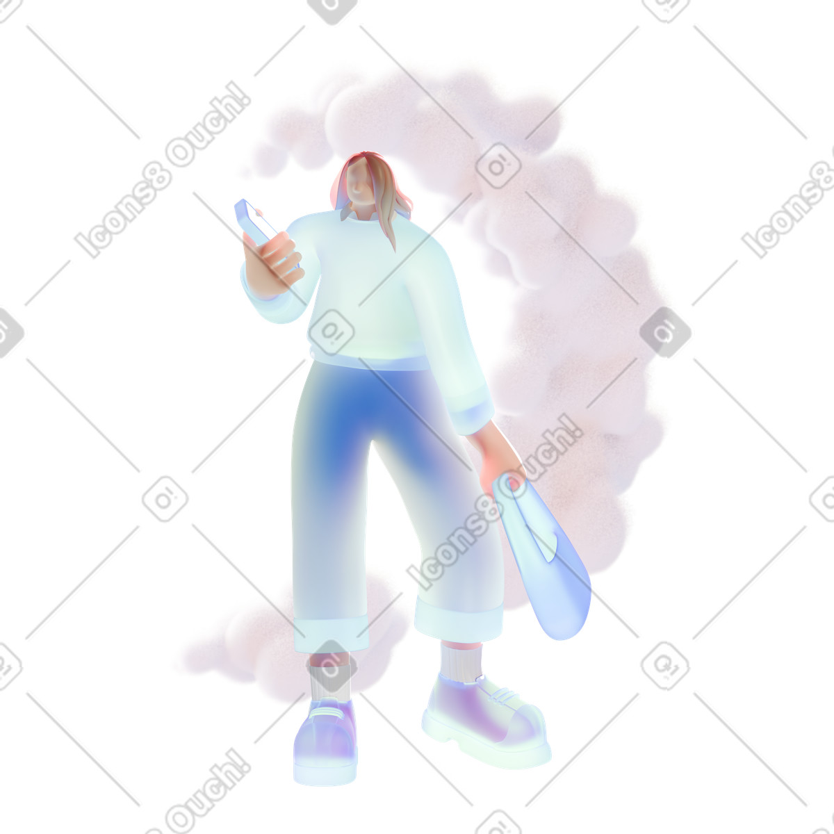 Controllare il telefono dopo lo shopping, abitudini dei consumatori moderni illustrazione in stile 3D Airy scarica in PNG, SVG