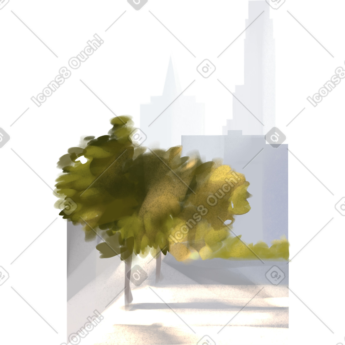 Sunny city with trees-Illustration im Demure-Stil als Download in PNG, SVG