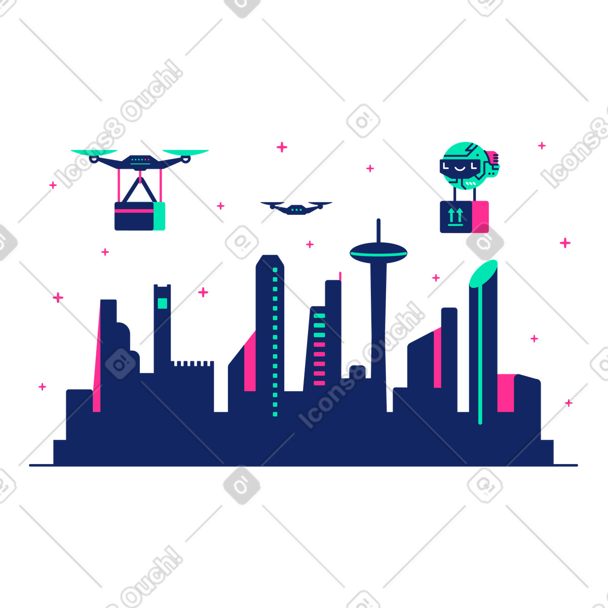 下载 Cyborg 风格的 无人机和直升机的非接触式全天候交付 插画，支持 PNG、SVG 格式