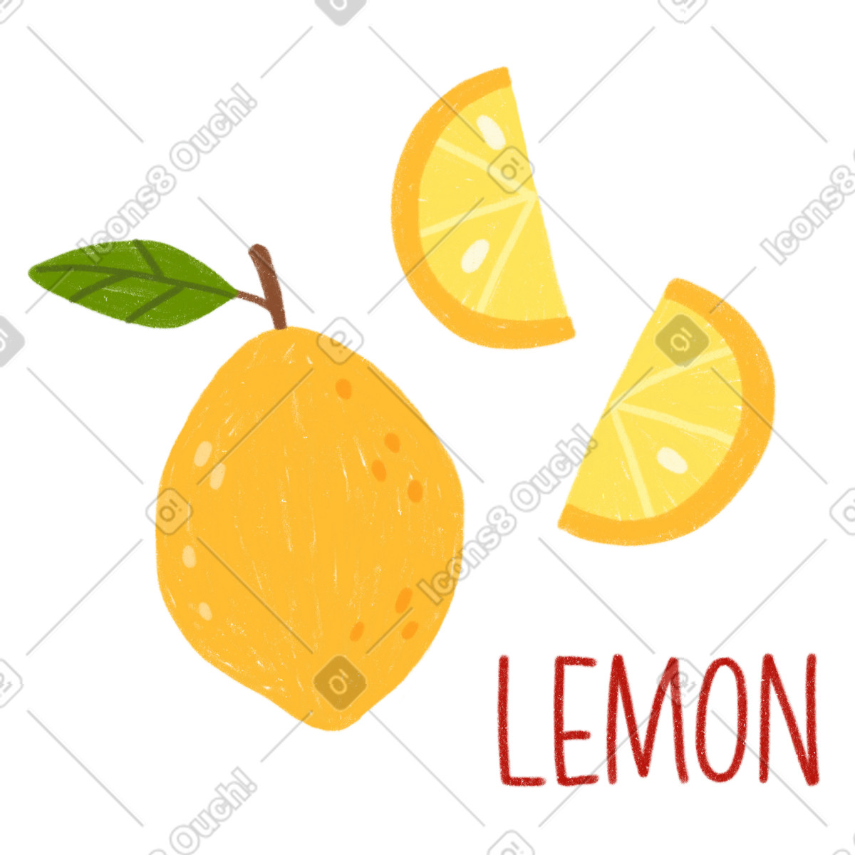 Ilustración Lemon with leaf, slices and lettering en estilo Cozy a descargar en PNG y SVG