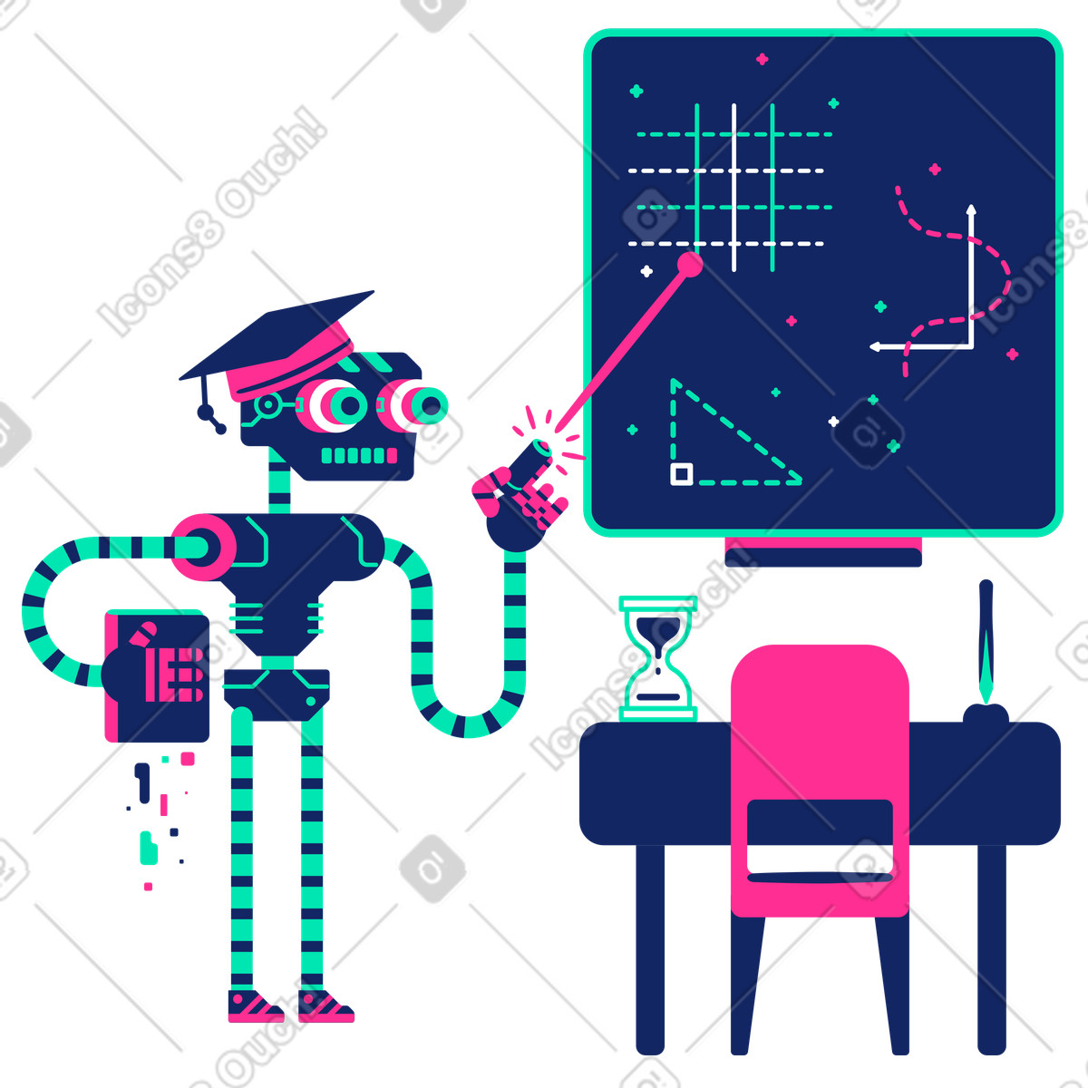 Illustration Un robot enseigne les mathématiques en classe dans le style Cyborg à télécharger aux formats PNG, SVG