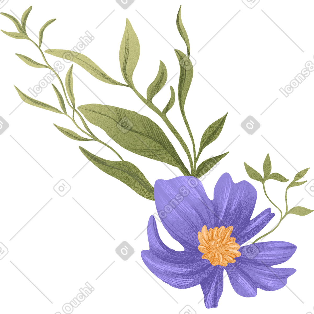 Violet flower with a yellow center and small leaves illustrazione in stile Floral scarica in PNG, SVG