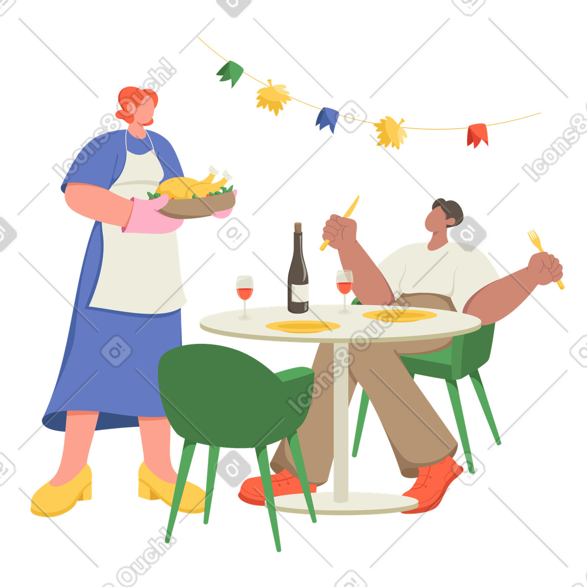 Thanksgiving dinner with roast turkey illustration culinary clipart for projects in PNG, SVG