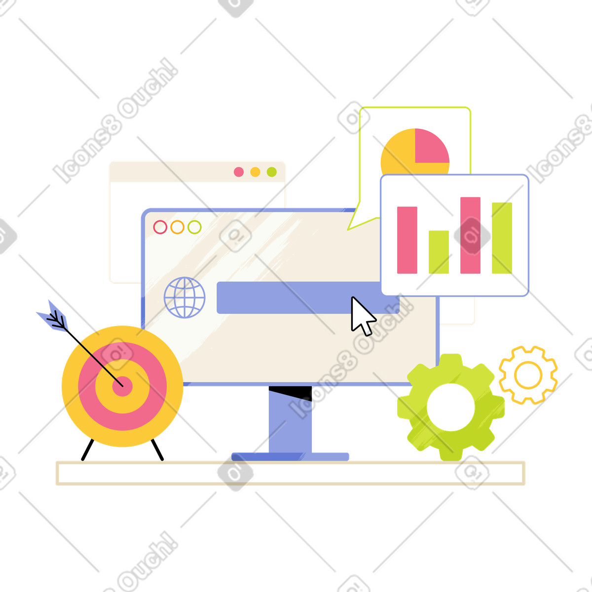 Charts, cogs, and target around computer screen, Website SEO performance improvement illustration in Juicy style download in PNG, SVG