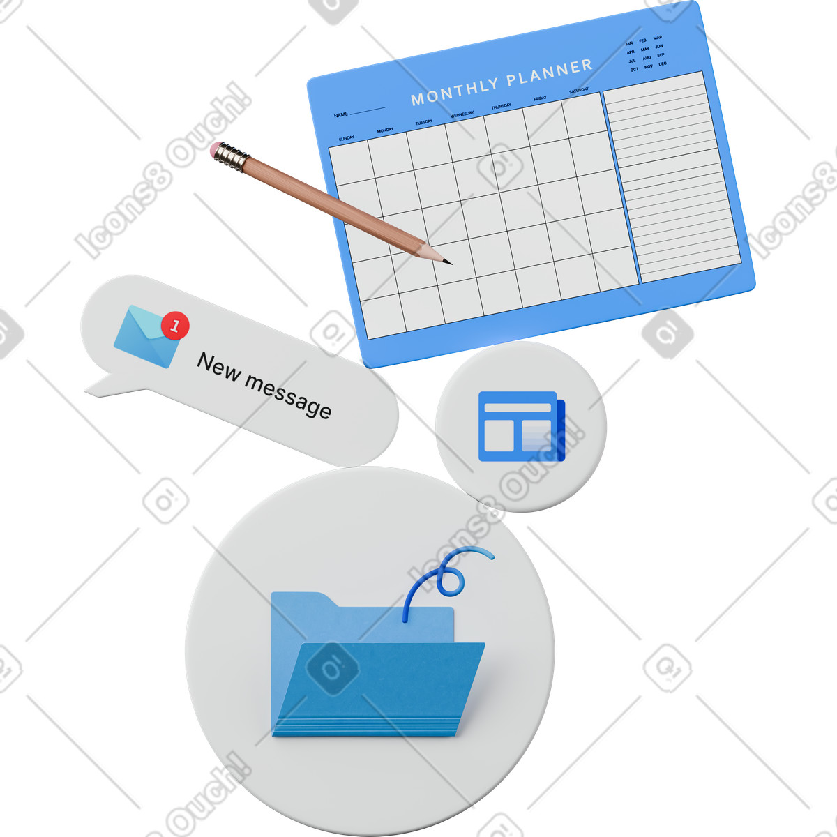 3D Hygge 스타일의 Front view of calendar and reminders for time management 일러스트레이션 PNG, SVG 다운로드
