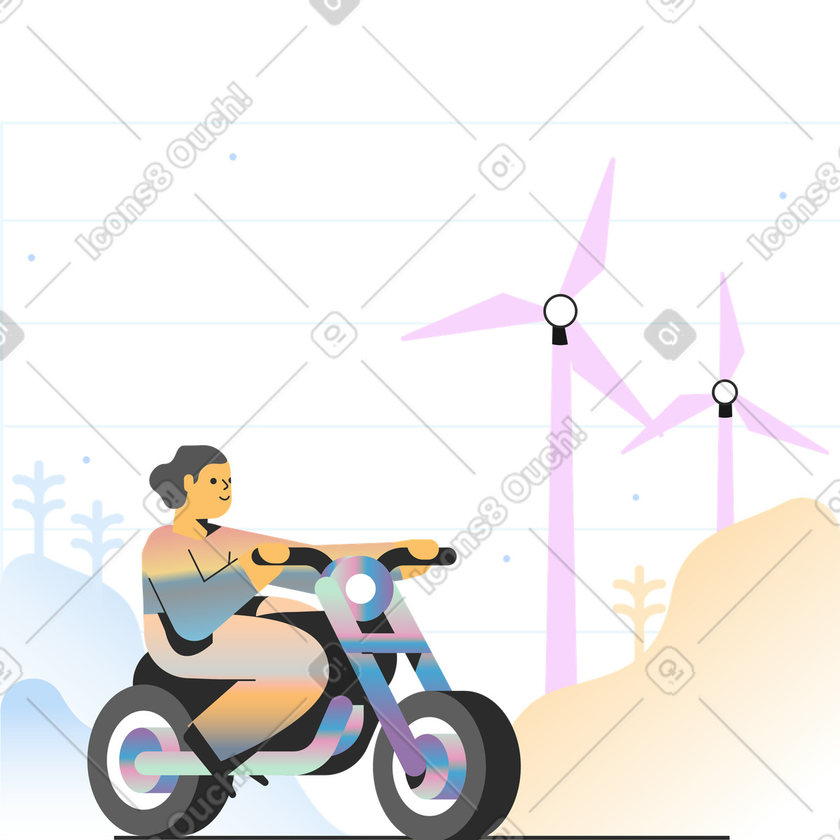 Ilustração de Mulher andando moto com moinhos vento ao fundo em no estilo Marginalia para baixar em PNG, SVG