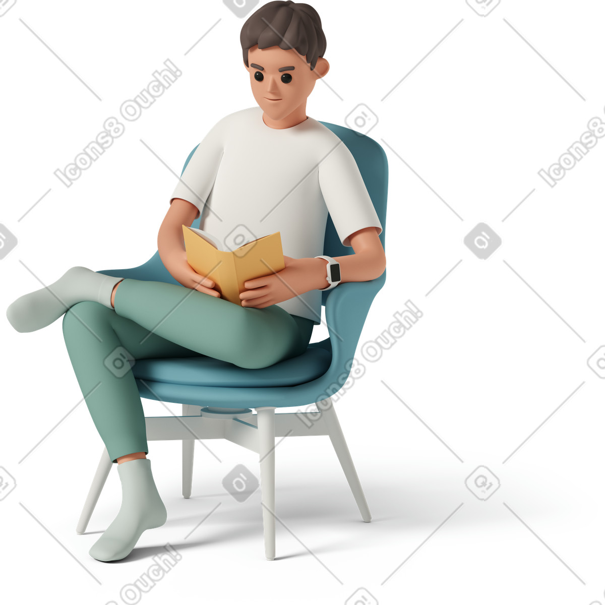 Reading book in armchair, relaxation and leisure-Illustration im 3D Casual life-Stil als Download PNG, SVG