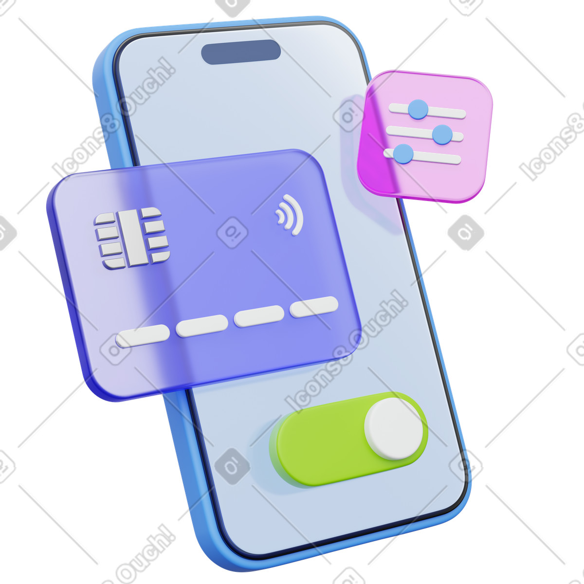 Mobile payment toggle, Smartphone with card and switch button, Digital banking activation illustration in 3D Playful style download in PNG, SVG