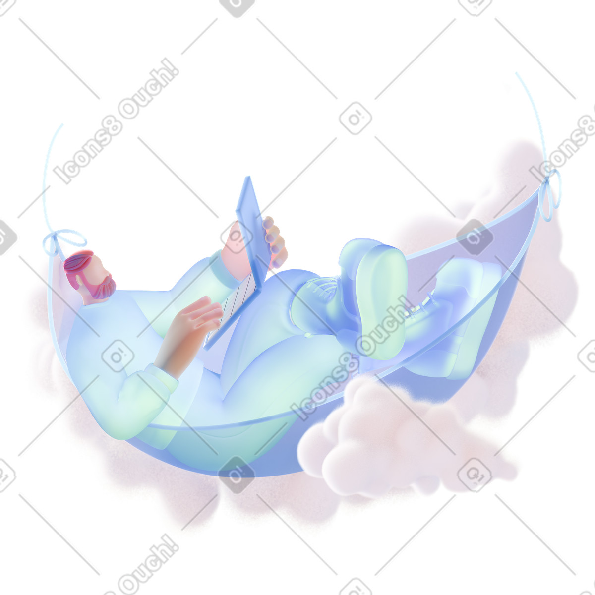 Lavorare al computer portatile in un'amaca, stile di vita da lavoro a distanza illustrazione 3D Airy scarica PNG, SVG