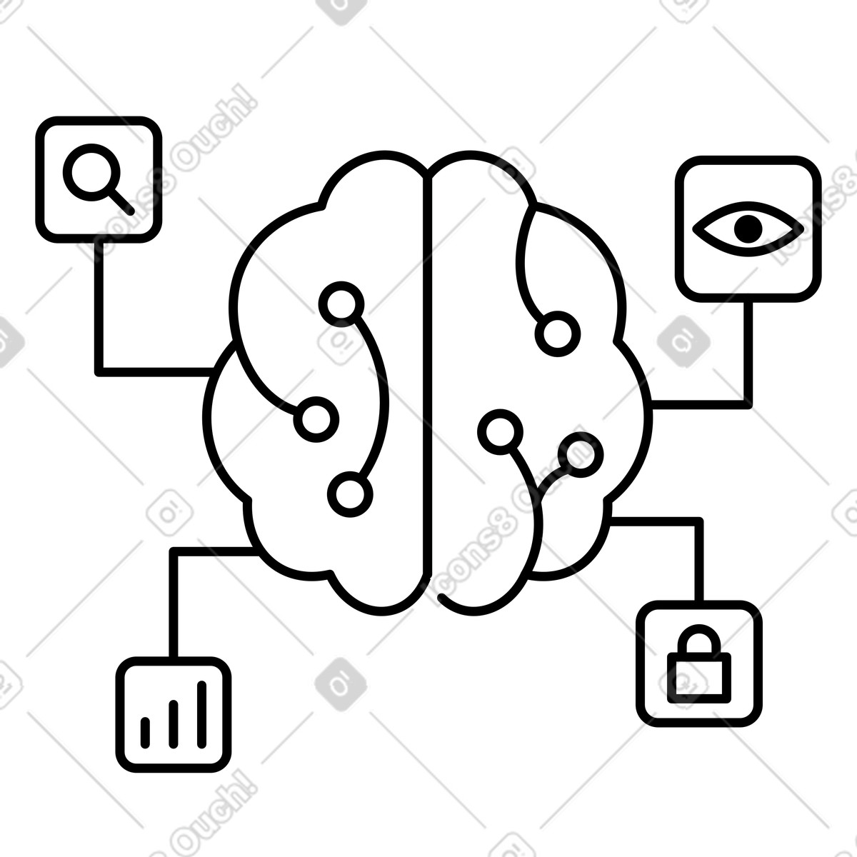 下载 Notion Line Art 风格的 Brain artificial intelligence network connecting search analytics security and vision 插画，支持 PNG、SVG 格式