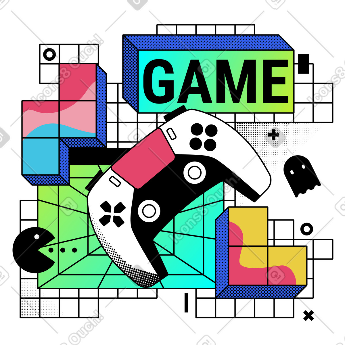 Controller di gioco ed elementi retrò illustrazione in stile Memphis scarica in PNG, SVG