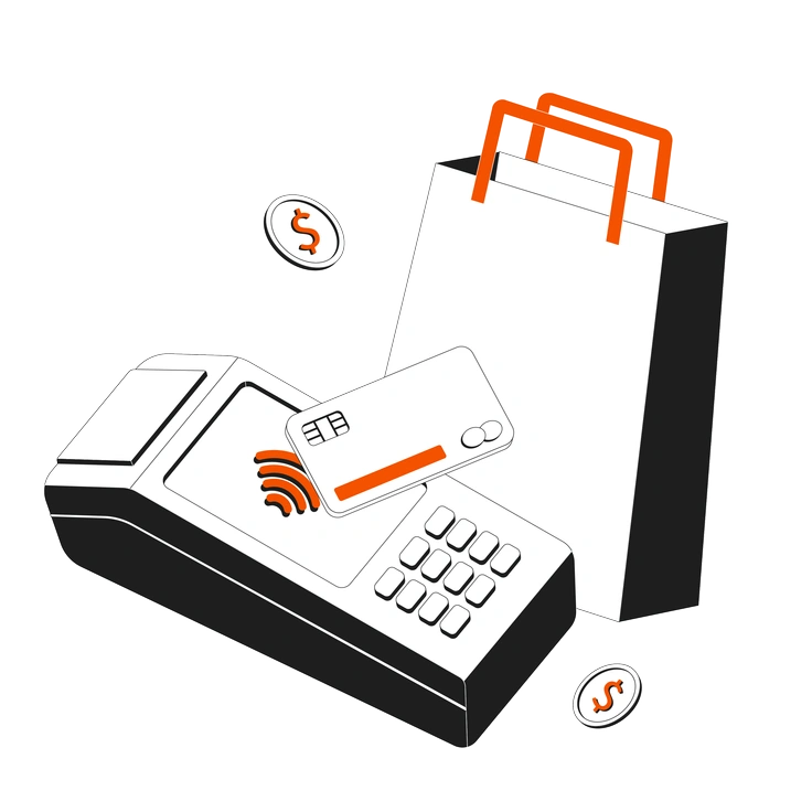 A payment terminal with a card and shopping bag - Strict style illustration