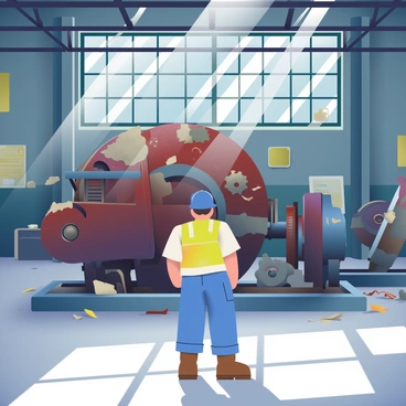 A worker with short brown hair, wearing a blue hard hat and a reflective safety vest, is standing in the center of an abandoned factory. The worker is gazing at a large, rusted machine covered in dust, with broken gears and peeling paint. Sunlight filters through shattered windows, casting beams of light that illuminate the dark corners of the factory. Debris is scattered across the concrete floor, and the walls are lined with faded posters and remnants of past operations. In the background, there are more pieces of machinery, some partially hidden by shadows.
