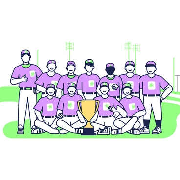 A local baseball team is posing for a photo on the field. The team consists of nine players, all wearing matching uniforms that feature a prominent logo on the front. They are arranged in a semi-circle, with the championship trophy placed in front of them on the grass. The trophy is tall and shiny, reflecting the sunlight. In the background, the baseball diamond is visible, including the bases and pitcher's mound. The players are showing a range of expressions, from smiles to excited gestures, celebrating their victory. Some are wearing baseball caps while others have their hats off, creating a lively atmosphere.