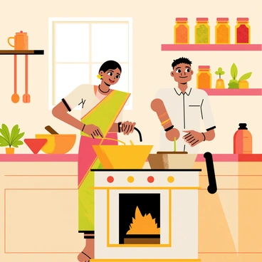 A Maharashtrian couple is standing together in a rustic kitchen. The woman, wearing a colorful saree, is stirring a pot over a traditional stove while the man, dressed in a simple kurta, is grinding spices in a mortar and pestle. The kitchen is filled with jars of vibrant spices like red chili powder, turmeric, and coriander, all neatly arranged on wooden shelves. Copper utensils hang from the walls, and a bunch of fresh green cilantro is placed on the counter. Warm light filters through a small window, illuminating the cheerful scene of culinary preparation.