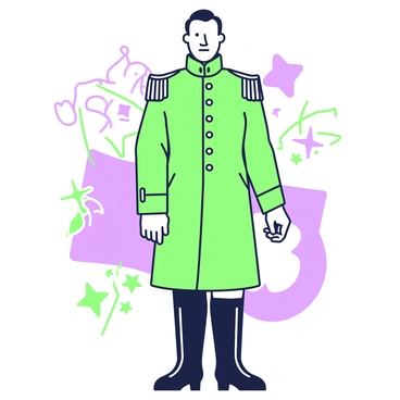A tall man, representing "Sam Houston," stands confidently in the center of the image. He is wearing a historical military uniform with a long coat, complete with epaulets and buttons. His expression is determined, with a strong jawline and prominent features. In the background, there are abstract patterns and shapes symbolizing his achievements and legacy, subtly suggesting elements like a star and a map. The overall composition emphasizes his stature and the impact he had on history.