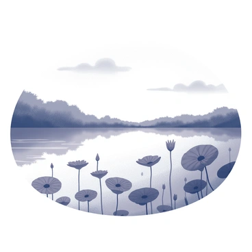 A lake with a smooth, reflective surface. The water is dotted with blooming lotus flowers, their large round leaves floating gently. The sky above is clear, with a few wispy clouds scattered throughout. The surrounding landscape features lush greenery bordering the lake, creating a peaceful natural setting.