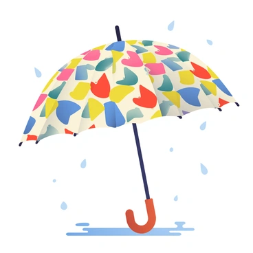 A stylish umbrella is opened, showcasing a vibrant shuttlecock pattern in various colors including yellow, blue, and red. The umbrella's fabric glistens with raindrops, highlighting the texture and details of the design. Below the umbrella, a light rain is falling, creating small splashes on the ground. The handle of the umbrella is made of polished wood, adding a touch of elegance. Surrounding the umbrella, there are gentle puddles forming on the pavement, reflecting the colorful pattern above.
