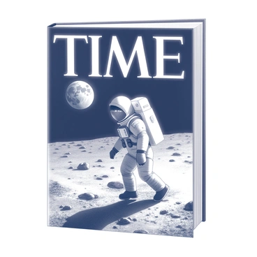 A retro magazine cover featuring the historic moment of the first moon landing. In the foreground, an astronaut in a spacesuit is taking a monumental step on the lunar surface. The surface is textured with fine dust and small rocks scattered around. The Earth is visible in the background, appearing as a small blue and white sphere in the vastness of space. The magazine title "TIME" is prominently displayed at the top in bold, vintage font. The date and issue number are positioned in the corner, adding to the retro aesthetic. The overall composition captures a sense of achievement and exploration.