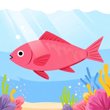 A vibrant red snapper with smooth scales is swimming gracefully through a clear blue ocean. Sunlight filters through the water, casting shimmering reflections on the snapper's body. Colorful corals and schools of small fish surround the snapper, creating a lively underwater scene. Bubbles trail behind the snapper as it glides effortlessly, showcasing its long fins and sleek shape.
