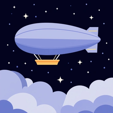 An airship with a large, rounded envelope and a wooden gondola is floating across the canvas of a night sky. The airship is colored in shades of deep blue and gray. It is illuminated by soft, shimmering lights along its sides. A multitude of twinkling stars are scattered across the dark sky, creating a celestial backdrop. The airship is depicted with billowing clouds surrounding it, enhancing the sense of height and movement as it glides through the night.