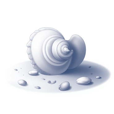 A conch shell nestled in light-colored sand. The shell displays intricate spiral patterns and textures on its surface. Morning mist gently rolls over the beach, creating a soft, diffused atmosphere around the shell. The sand is smooth and slightly damp, with grains glistening in the subtle light of dawn. Small beach pebbles and bits of seashells can be seen scattered nearby, enhancing the natural coastal setting.