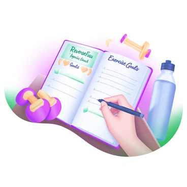 A fitness journal open on a wooden table, featuring a page titled "Reverse Fly Exercise Goals" written in neat handwriting. A hand is holding a black pen, actively writing down specific goals. Next to the journal, there are fitness accessories, including a pair of small dumbbells and a water bottle. A motivational quote is visible at the top of the page, framed by colorful doodles of dumbbells and hearts. The background includes a soft, pastel-colored wall that adds a calm atmosphere to the scene.