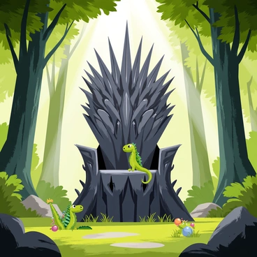 A large, imposing "Iron Throne" made of intricately designed metal, with sharp edges and twisted forms, stands prominently in the center of a lush, "ancient forest." Surrounding the throne are various "mystical creatures," such as a small, green dragon with glittering scales perched nearby, and a few fairies with glowing wings flitting around. The trees are tall and densely packed, with leaves in shades of deep emerald. Soft beams of light filter through the canopy, illuminating the throne and casting enchanting shadows on the forest floor.
