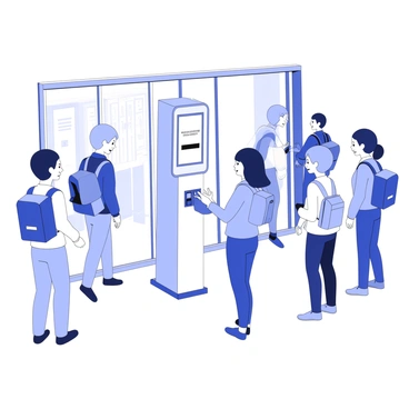 A group of students is entering a school building. Each student stands in front of a facial recognition device mounted on a tall stand. The devices have a sleek, rectangular shape with a screen displaying a welcome message. The students are diverse in appearance, wearing various school uniforms and backpacks. Some are smiling while others appear focused as they approach the device. The entrance area of the school features large glass doors, and there are lockers visible in the background. The atmosphere is busy as more students arrive.