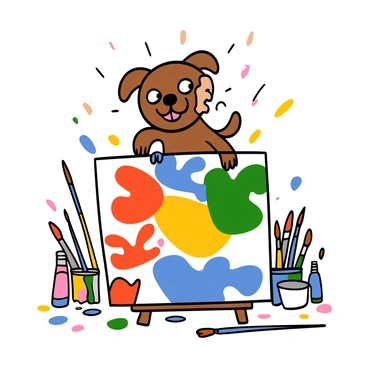 A small puppy with light brown fur and big eyes is standing on its hind legs, playfully balancing on a canvas. Its paws are covered in bright, colorful paint splatters in shades of blue, red, yellow, and green. The canvas in front of the puppy features a vibrant mix of colors, showcasing an abstract pattern created by the puppy's movements. The puppy appears excited, with its tongue out and tail wagging, adding a sense of joy to the scene. The background is filled with paint tubes and brushes scattered around, emphasizing the artistic environment.