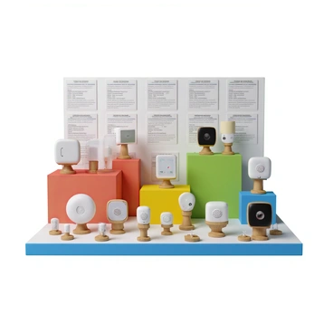 A display in a home improvement store featuring various types of smoke detectors. The display includes multiple models, each with distinctive features such as a sleek white design, a round shape, and a flashing LED light. Some smoke detectors are mounted on small wooden stands, while others are placed on bright colored shelves. The background consists of a neatly organized wall with informative signs detailing the specifications of each smoke detector. The overall arrangement is visually appealing, encouraging customers to learn about fire safety equipment.