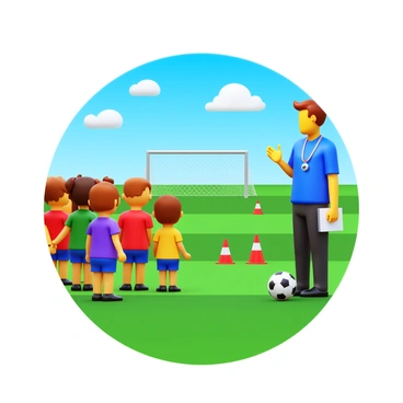 A soccer practice scene with several children wearing colorful jerseys and shorts. They are gathered around a coach who is demonstrating how to kick the ball. The coach is wearing a whistle around his neck and has a clipboard in hand. In the background, there are cones set up on a green grass field. The children are eagerly watching and listening, with some holding soccer balls. There is a bright blue sky overhead and a few fluffy clouds scattered throughout.