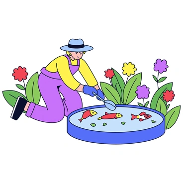 A gardener kneels by a clear fish pond, carefully scooping out leaves and debris. The pond is filled with colorful fish swimming gracefully. The gardener wears a wide-brimmed hat and gardening gloves, focusing intently on the task. Surrounding the pond are vibrant flowers in various colors, including red, yellow, and purple. The flowers bloom with lush green leaves, creating a lively and cheerful atmosphere around the serene pond.