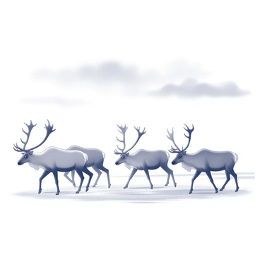 A herd of caribou is moving across a snowy plain. The ground is covered in a thick layer of snow that reflects the soft light. The caribou are in various positions, some grazing while others are in mid-stride. Their antlers are prominently displayed, showcasing their majestic features. Above them, a cloudy sky looms with diffuse light filtering through the clouds, creating a sense of depth in the scene. The horizon is faintly visible, adding to the vastness of the landscape.