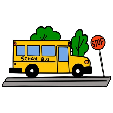 A bright yellow school bus is parked on the side of the road, with its stop sign extended and flashing lights on. The bus has large windows and a "SCHOOL BUS" sign displayed on the front. Trees with green leaves are visible in the background, and the pavement beneath the bus is gray. The stop sign is red with white letters, clearly indicating that it is in use.