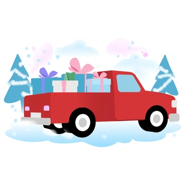 A red truck is driving through a snowy landscape. The truck bed is filled with wrapped Christmas gifts of various sizes, each adorned with colorful ribbons. Snowflakes are gently falling around the truck, covering the ground with a thick layer of snow. In the background, there are evergreen trees dusted with snow, creating a festive winter scene. The sky has a soft gradient of pastel colors, enhancing the joyful mood of the image.