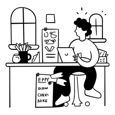 An illustrator with curly hair is sitting at a desk, focused on a laptop displaying various illustrations. Papers with sketches are scattered around the desk. The illustrator has a notepad and a pen in hand, taking notes while looking intently at the screen. A mug filled with pencils sits nearby, adding to the creative atmosphere. A document with written feedback is also on the desk, indicating a positive exchange. There is a window in the background, suggesting daylight coming into the room.