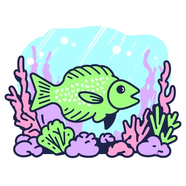 A grouper is positioned within a vibrant coral reef environment. The fish displays intricate details in its texture and patterns, seamlessly blending in with the surrounding corals and rocks. Vivid coral formations in various shapes and sizes frame the scene, interspersed with jagged rocks. Sunlight filters through the water, creating dappled effects on the seabed, enhancing the diverse marine life and underwater landscape.