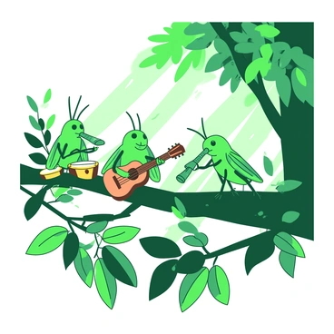 A vibrant scene in the forest features a group of green cicadas gathered on a tree branch. Each cicada is playing a different musical instrument; one is strumming a small orange guitar, another is tapping on a yellow drum, and a third is blowing into a teal flute. Surrounding them are lush green leaves and soft sunlight filtering through the canopy above. The atmosphere is lively as the cicadas appear engaged in their musical party, with a few of them dancing on the branch while others join in harmony.