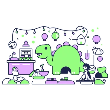 A children's play zone is filled with various toys and activities. In one corner, there is a large green climbing structure shaped like a dinosaur, with a slide and tunnels. Beside it, a play kitchen set is arranged, complete with a stove and various utensils. On the floor, colorful foam mats create a soft area for toddlers to sit and play. A small table is set up with building blocks in different shapes, while nearby, an art station displays a variety of crayons and papers. Hanging from the ceiling are colorful paper lanterns, adding a festive touch to the vibrant environment.