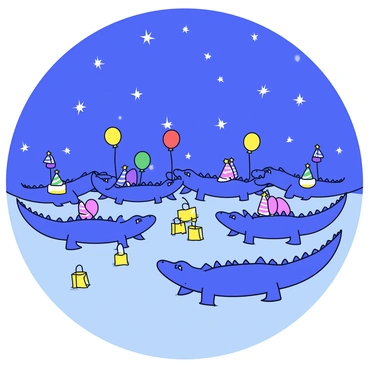 A group of crocodiles gathered together at a lagoon, celebrating under a starlit sky. The crocodiles are wearing colorful party hats, and some have small, shiny balloons tied to their tails. The lagoon reflects the twinkling stars above, creating a shimmering effect on the water's surface. Around the crocodiles, there are small lanterns glowing softly, providing warm light to the festive atmosphere. The scene captures the playful joy of the crocodiles as they socialize in their unique, nocturnal gathering.