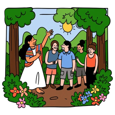 Dona Marina, a woman with light skin and long dark hair, is leading a group of explorers through a vibrant jungle filled with lush green foliage and tall trees. She is wearing a flowing white dress and a colorful woven shawl draped over her shoulders. Her expression is animated as she gestures towards the trees, sharing stories. The group consists of diverse individuals, with one man in a blue shirt and cargo shorts, and a woman in a red tank top, all listening intently. Sunlight filters through the leaves, casting dappled shadows on the forest floor. Around them, tropical flowers bloom in bright colors, enhancing the scene's richness.